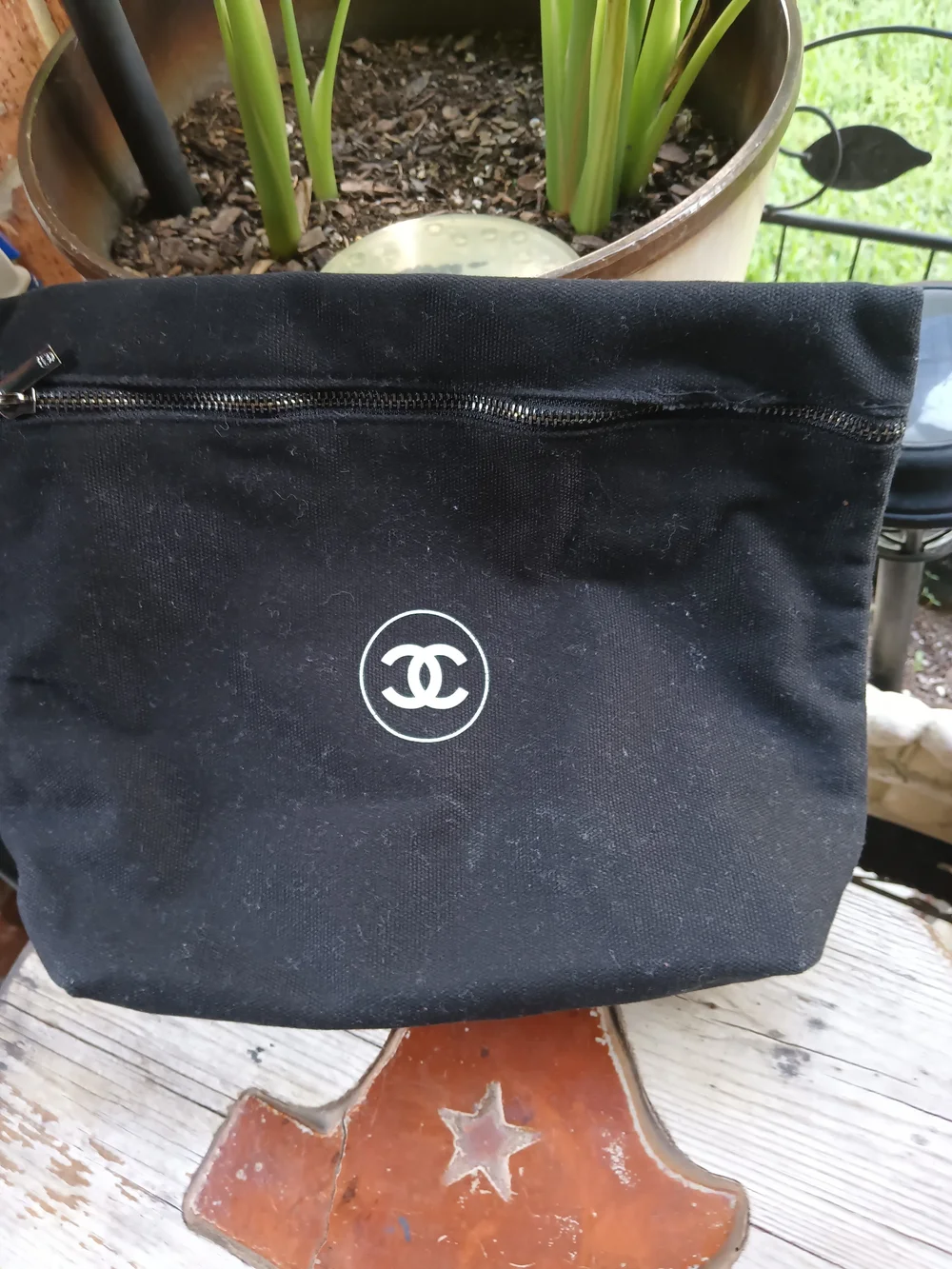 CHANEL Black Canvas Toiletry Pouch with White CC Logo